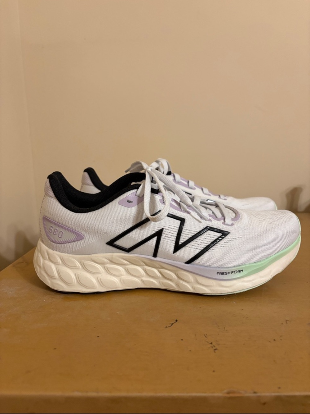 New Balance Women's Fresh Foam 680 White Running Shoes with Black, Lilac, Mint